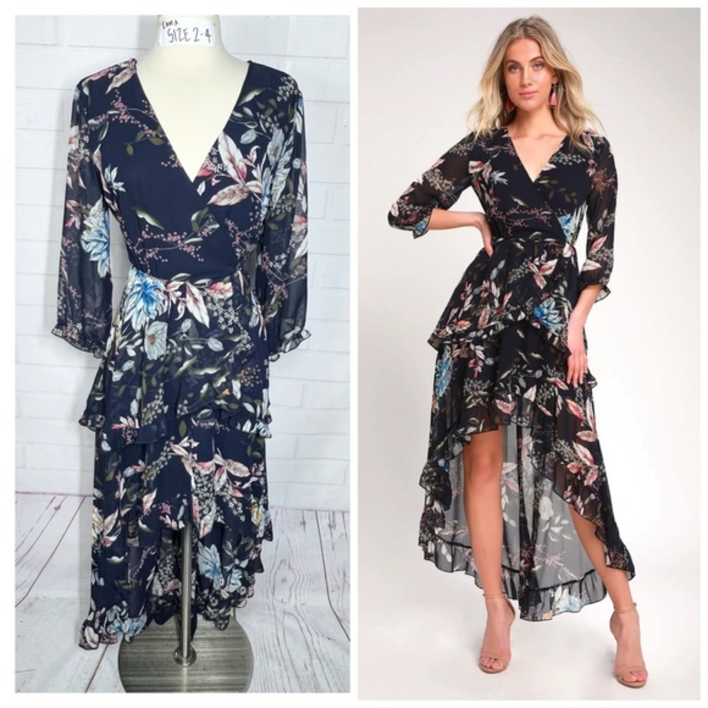 👗|•LULUS•| Stunning Carrie Navy Blue Floral Print Ruffled High-Low Dress